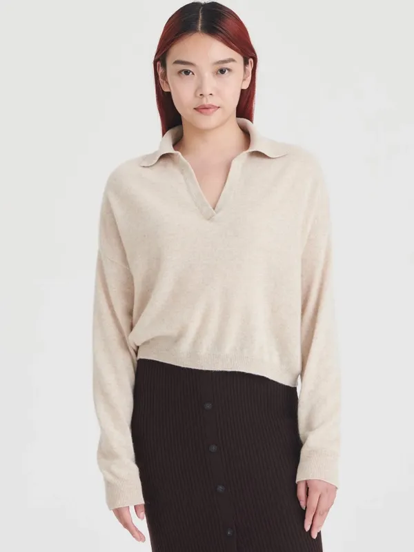 NAADAM Signature Cashmere Cropped Polo Sweater Oatmeal XS - Image 2