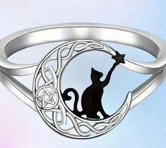 Adorable Stainless Steel Silver Black Cat Ring - Size 7 - Image 2