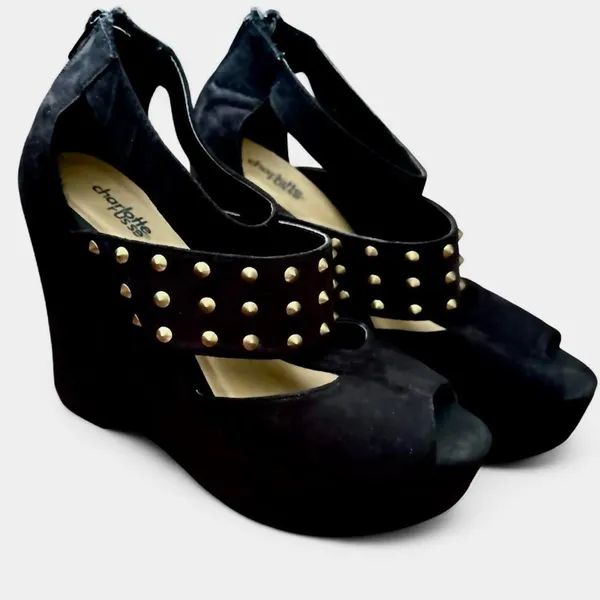 Charlotte Russe Stylish Black Suede Chunky Wedge Sandals With Gold Studds - Image 2