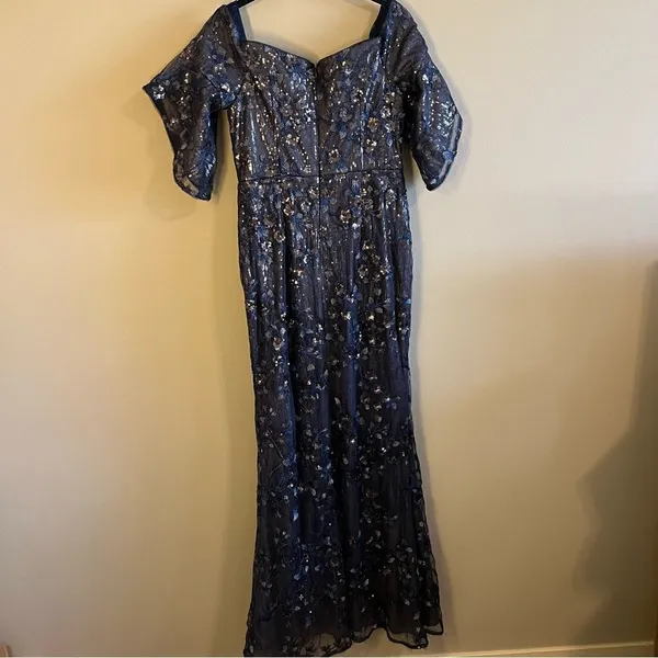 Aidan Mattox Blue Sequin Off the Shoulder‎ Dress Gown Long 6 - Image 9