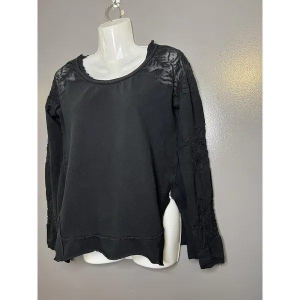 Free People Blouse Womens Small Black Embroidered Scoop Neck Long Sleeve Top - Image 5