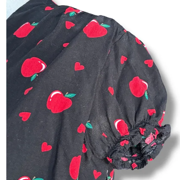 ModCloth X Collectif Apple Heart Print Midi Dress Black Red Puff Sleeve Cottage - Image 4