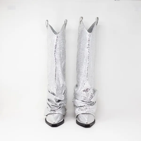 NEW Azalea Wang Shawnee Silver Metallic Scrunched Western Cowboy Boots Shoes 6 - Image 2