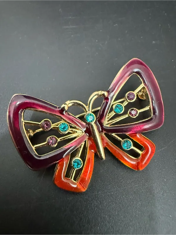 Vintage Gold-tone Red/Plum Butterfly Brooch - Image 4