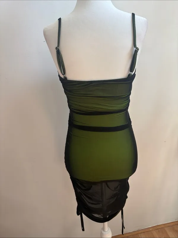 Dolls Kill Olive Green Cutout Mesh Midi Dress with Tie Front - Image 4