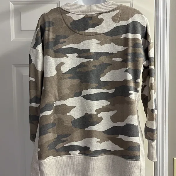 Aerie Tan Camo Crew Neck Mixed Textured Sweatshirt w/ Large Slide Slits- XS - Image 12