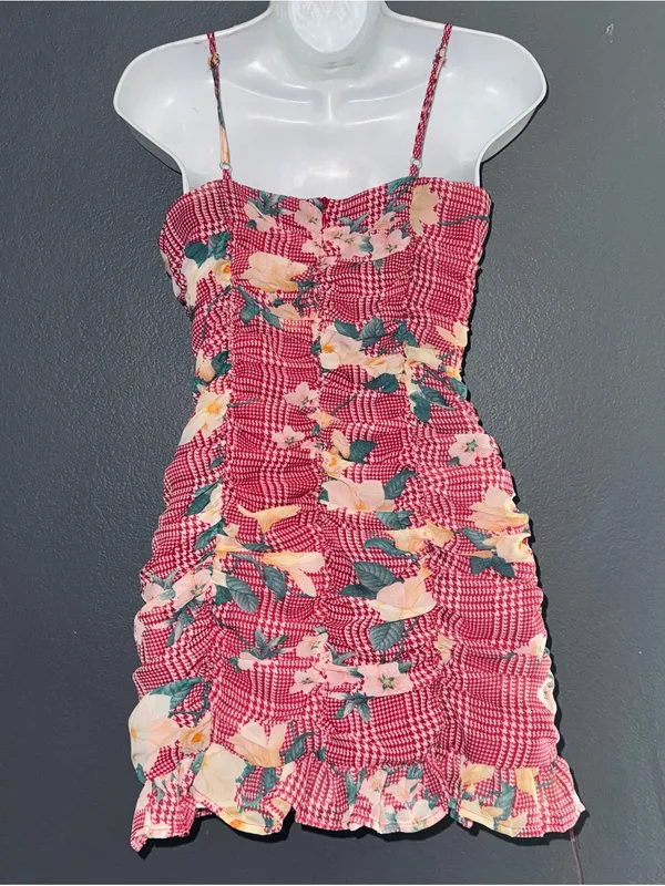 Women's Camellia Fall Red Plaid Floral Ruched Mini Spaghetti Strap Dress Small - Image 4