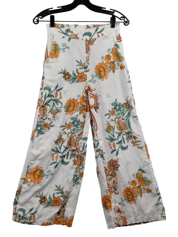 Rachel Zoe Linen Blend Wide Leg Pants Orange Floral Paisley Boho Resort Sm - Image 3