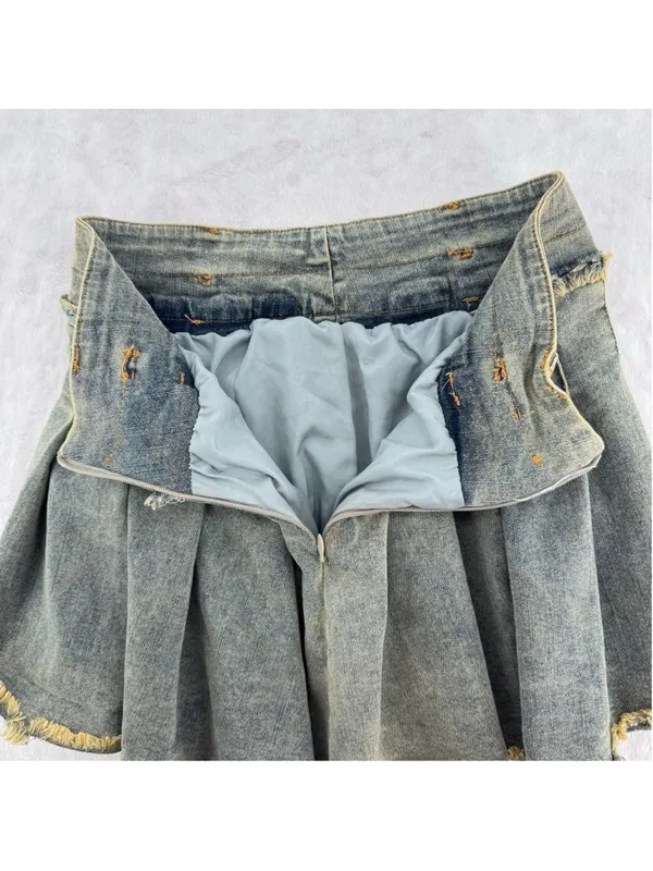 Denim Pleated Mini Skirt Asymmetric Fringed Hem AElfric Eden Sz Small Y2K Inspo - Image 5