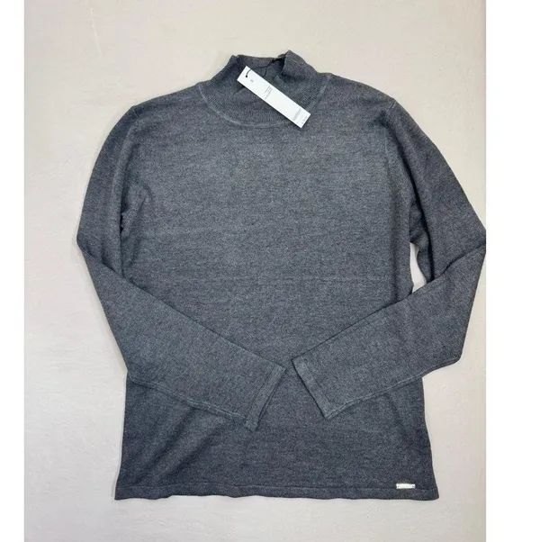T Tahari Womens Mock Neck Sweater Top Size S Dark Grey Soft Knit Metallic Logo - Image 7