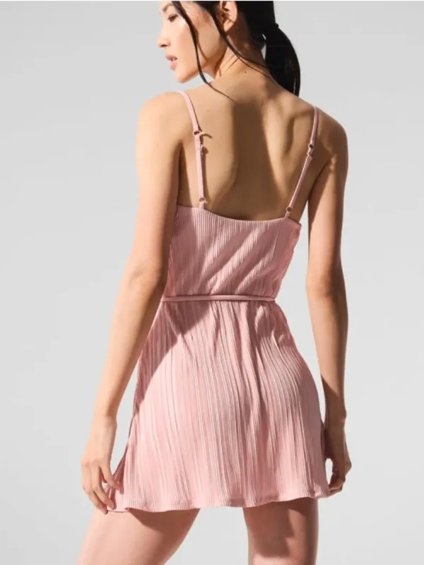 Alo Micro Plisse Game On Tennis Dress Pink Quartz Padded Belted Pleated Mini M - Image 2