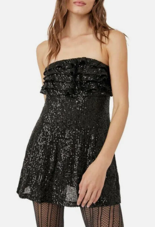 Free People Women's Black Frida Sequin Ruffle Strapless Mini Dress - Image 3