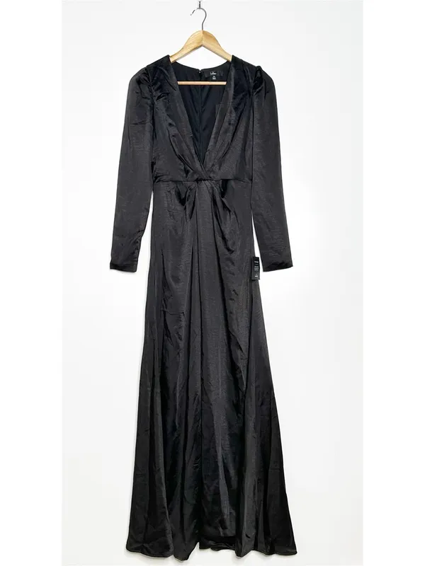 Lulus NWT Endearing Elegance Black Satin Long Sleeve Plunge Maxi Dress Size XS - Image 3