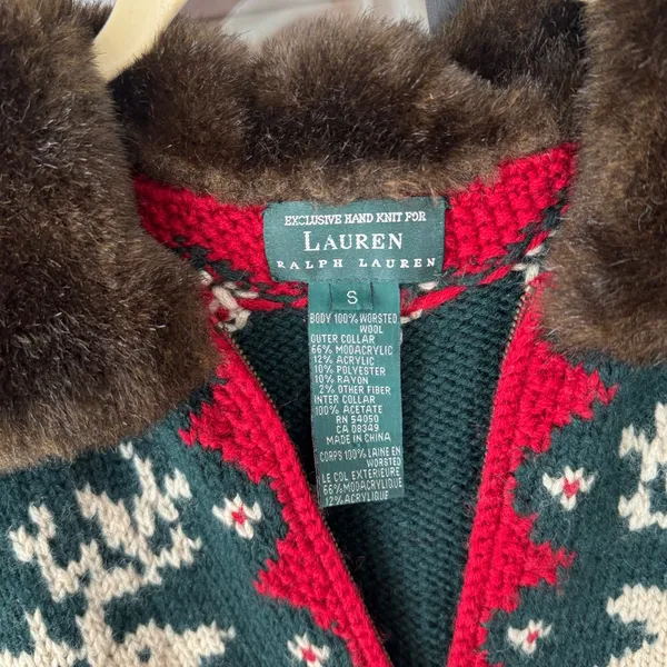 Vintage Ralph Lauren Hand Knit Wool Fur Collar Reindeer Christmas Sweater zipup - Image 10