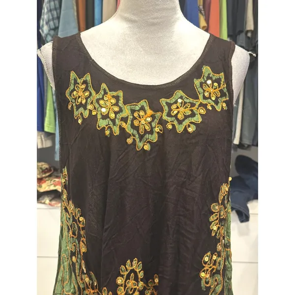 Sunflower Women's Sleevelss Tunic Dress Black Yellow Floral OS Semi Sheer - Image 2
