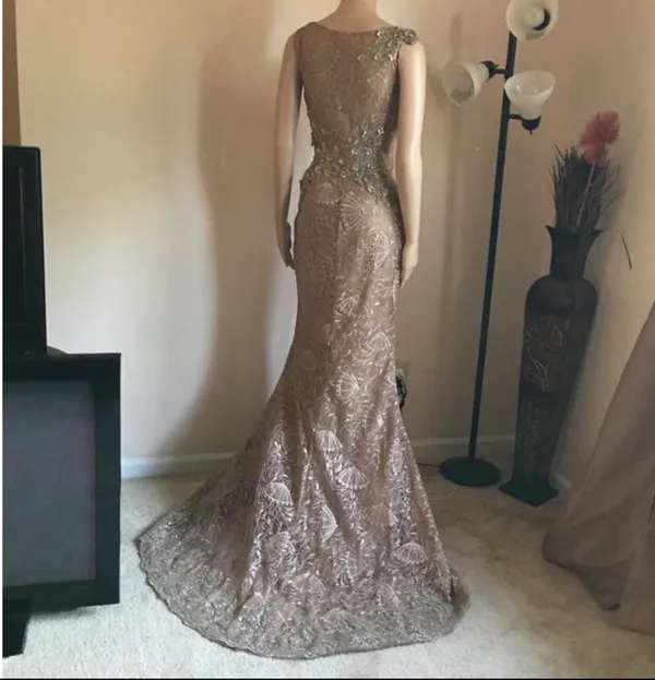 Embellished Taupe Evening Gown - Elegant Lace & Beaded dress - Image 5