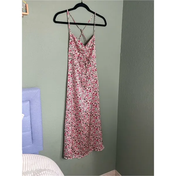 Kittenish Sweetheart Slip Cinched Midi Slide Slit Dress Ditsy Floral Size XS - Image 3