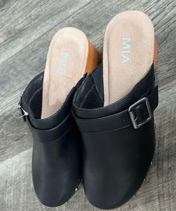 Mia Milpu Swedish Wood and Vegan Leather Clogs Size 10 Mules Black Shoes NWOT - Image 5