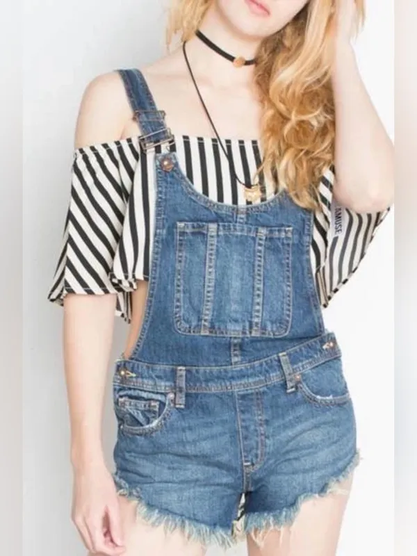 We The Free Free People Denim Shortalls Frayed Hem 100% Cotton Size 29 - Image 7