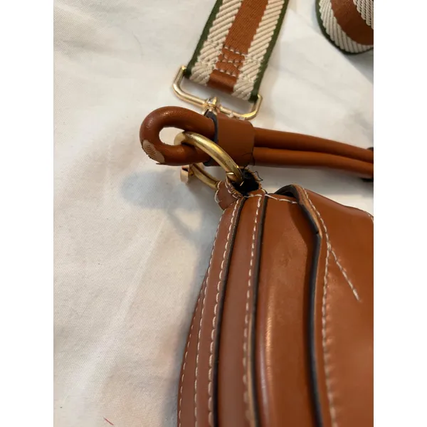 Saddle Bag Crossbody Cognac‎ Brown Striped Webbing Strap Boho Chic Handbag - Image 6