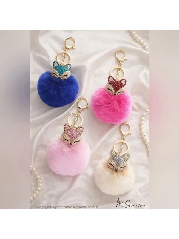 NEW Fluffy Fox Bag Charm Keychain Pom Pom Light Pink Pearl Rhinestone NWT - Image 5
