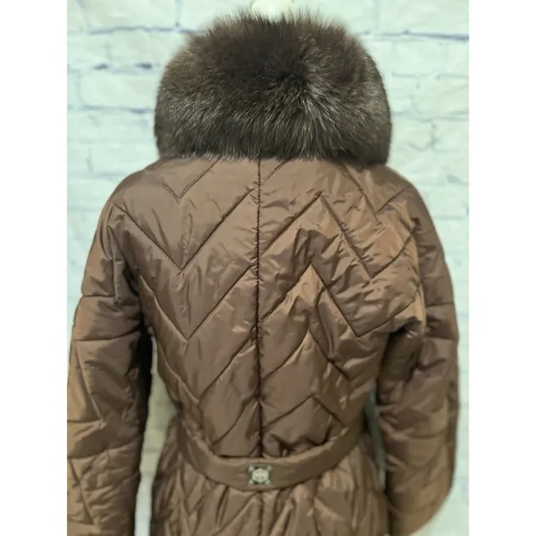 Monica Milano Brown Quilted knee-length, belted puffer coat with a fur collar 4 - Image 6