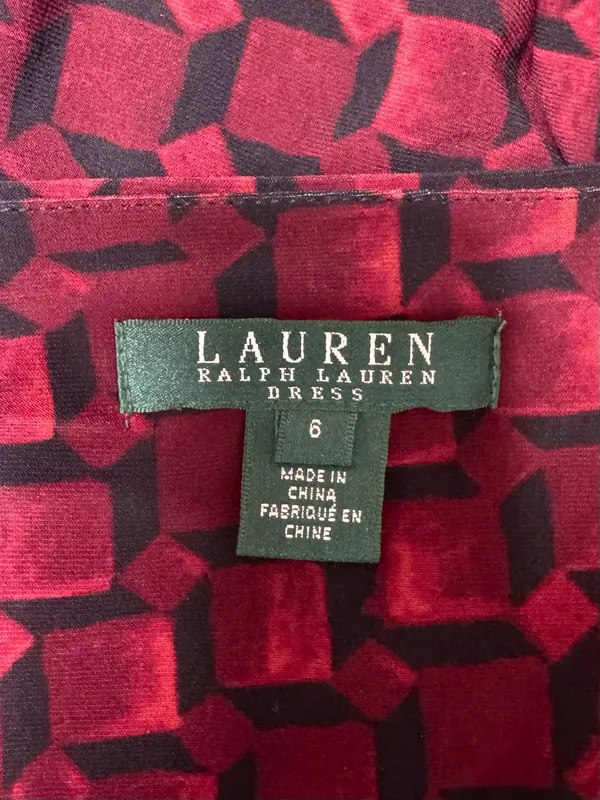 Lauren Ralph Lauren Faux Wrap Sheath Dress Burgundy Black Geometric Ruched Sz 6 - Image 8