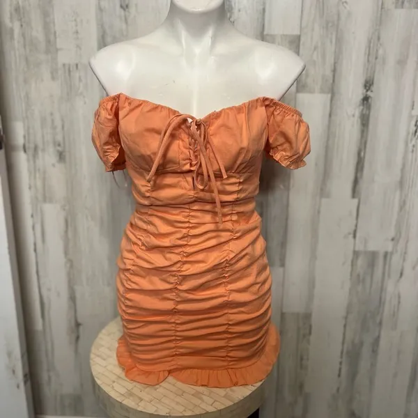 Haute Monde Pastel Orange Ruched Off the Shoulder Lace Up Milkmaid Mini Dress S - Image 2