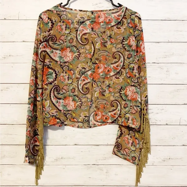 Boho-Chic Cotton Candy Paisley Fringe Top – Size Large - Image 3