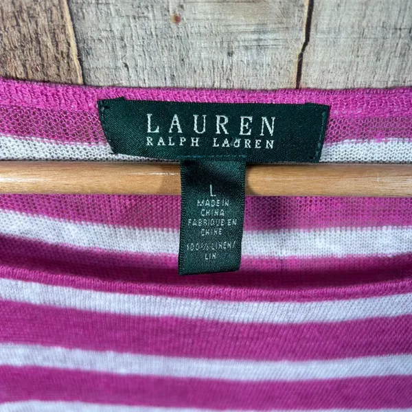 Lauren Ralph Lauren Pink White Striped 100% Linen Knit Sweater Boat Neck Large L - Image 5