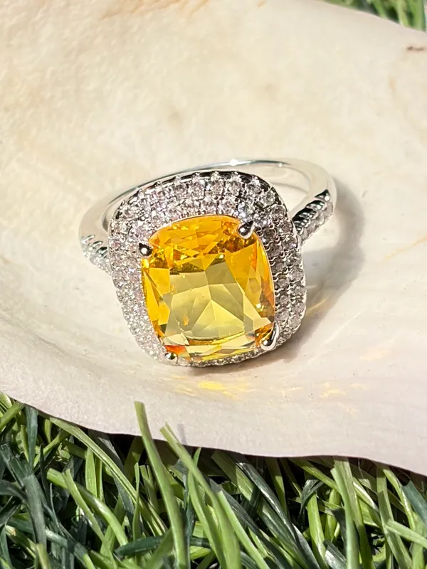 Brand New Silver Tone Fancy Giant Elongated Cushion Imitation Citrine Halo Style Engagement Ring In 7 - Image 7