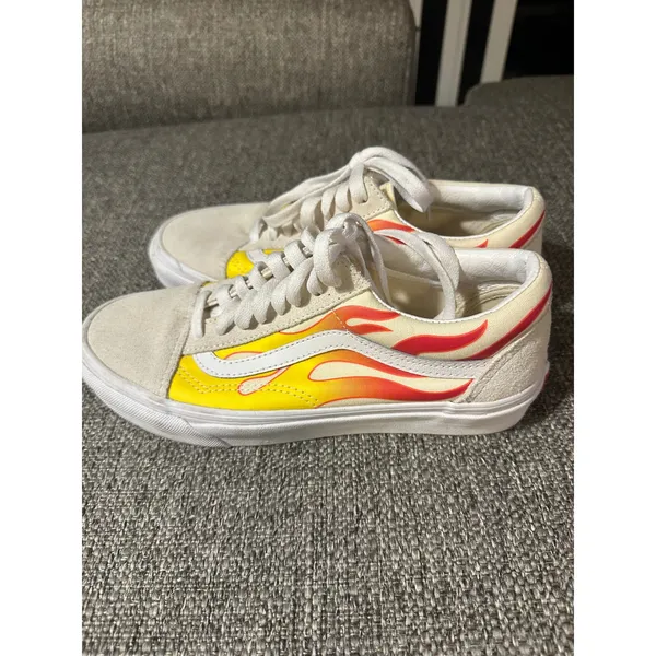 Vans Old Skool Flame Custom Shoes Unisex Cream Yellow Red Fire Size 6.5‎ EUC - Image 5