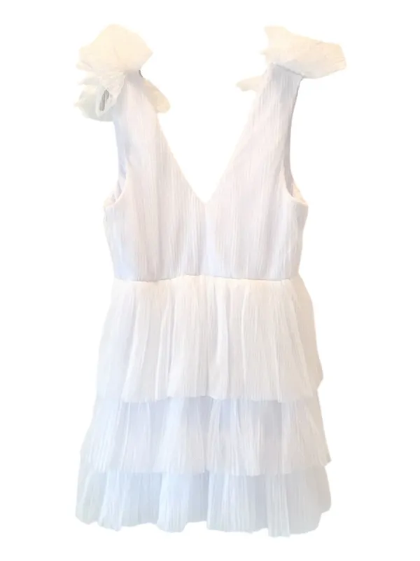 Sz L Lulus Dramatic Arrival White Tulle Tiered Surplice Mini Dress - Image 5