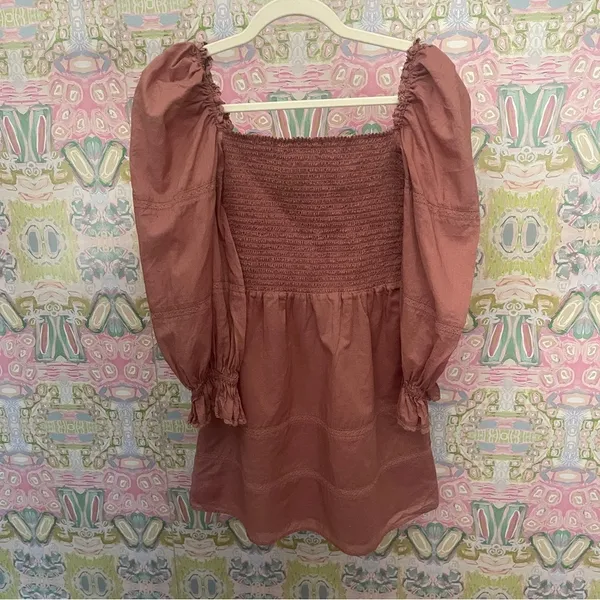 Reformation Dunes Smocked Long Sleeve Mini Dress Praline Pink Rose‎ - Image 4
