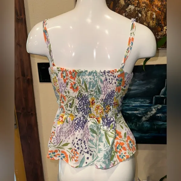 EUC SWEET LEMON Ivory Multicolored Floral Ruched Front Woven Tank SZ S - Image 4