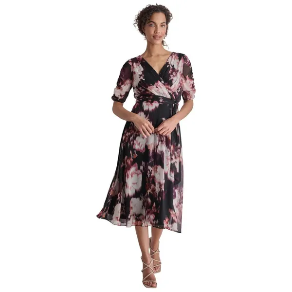 DKNY Womens Printed Surplice-Neck Tie-Waist Dress DD4FI786 Raisin Purple Multi 8 - Image 6