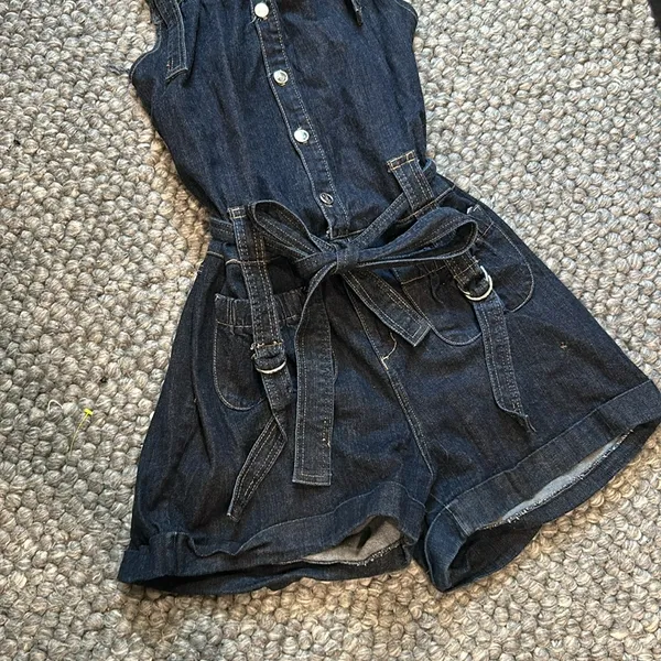 Non Signe Chunky Denim Tie Waist Romper Size M - Image 5