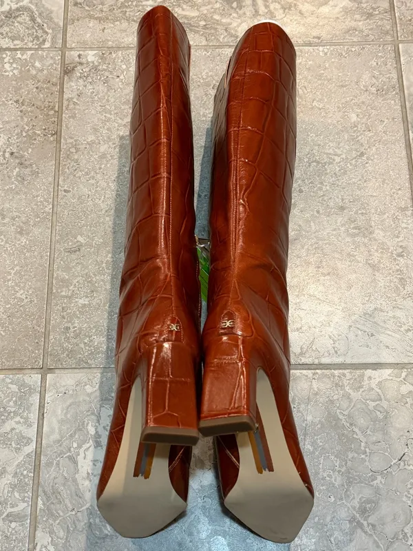 Sam Edelman Sylvia 2 Tall Croc-Embossed Pointed-Toe Boots in Brown, Size 11, NWT - Image 6