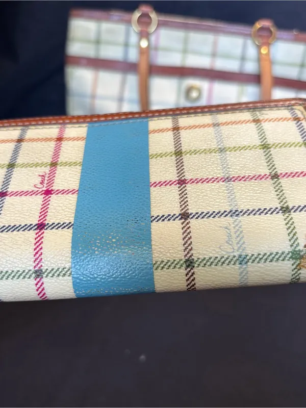 Vtg Coach Heritage Tattersall Plaid Coated Canvas Tote & Wallet with Blue Stripe - Image 12