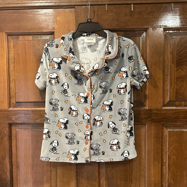 Munki Munki Peanuts Snoopy Halloween Pajama Top Grey Orange Candy Corn‎ Small - Image 2