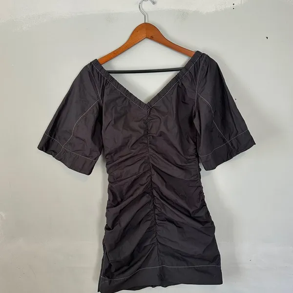 Ganni Cotton Black Ruched Dress 38 Medium Contrast Stitch - Image 7