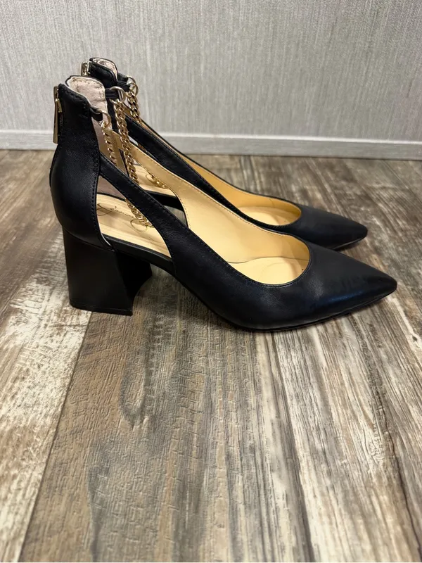 NWOB Jessica Simpson Black Leather Chain-Ankle Block Heel Pumps Size 5 - Image 9