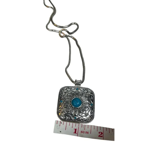 Vintage Silver Tone “Roman” Enameled Floral Etched Pendant W Faux Turquoise Ston - Image 5