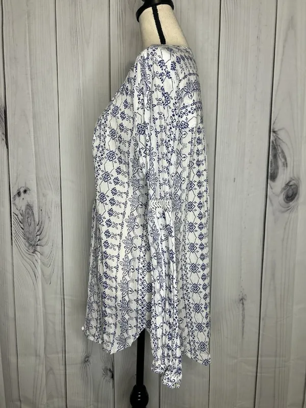 Ann Taylor Loft Blue White Floral Print V-Neck Cotton Tunic Top Sz L Lightweight - Image 5