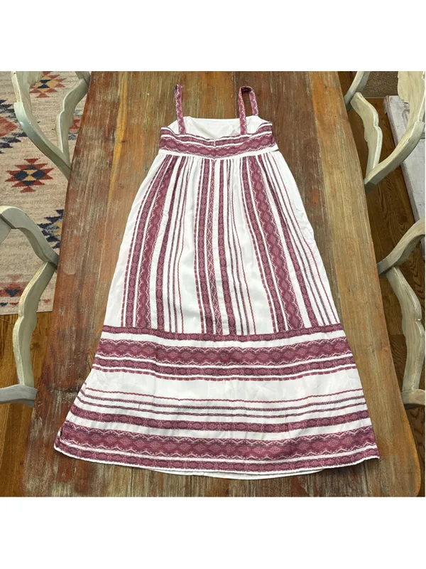 Maggy London Womens Size 6 Maxi Dress White Burgundy Stripe Embroidered Sundress - Image 13
