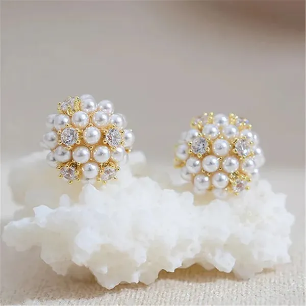 Gold and White Pearl Cluster Stud Earrings - Timeless Floral Design - Image 4