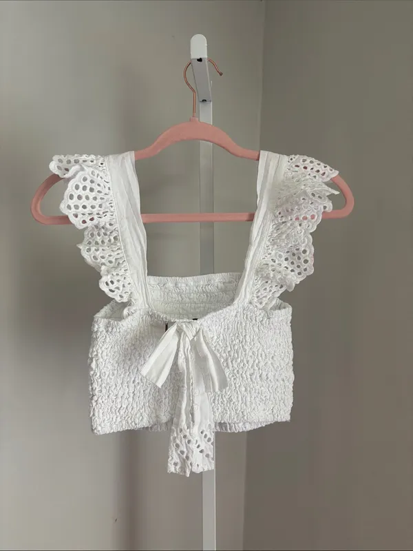 Misa Los Angeles Abelia Top White Smocked Eyelet Flutter Sleeve Crop Top Size S - Image 5
