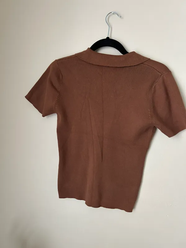 Brown Ribbed Collared Top Size M - Image 5