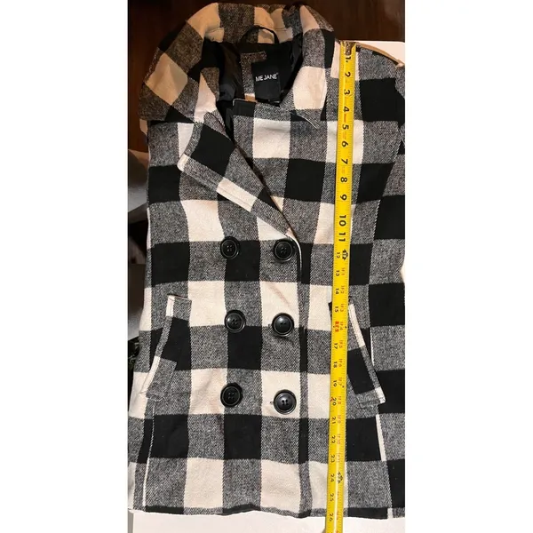 ME JANE Womens Plaid Pea Coat Jacket S Black‎ White Checkered Double Breasted - Image 6
