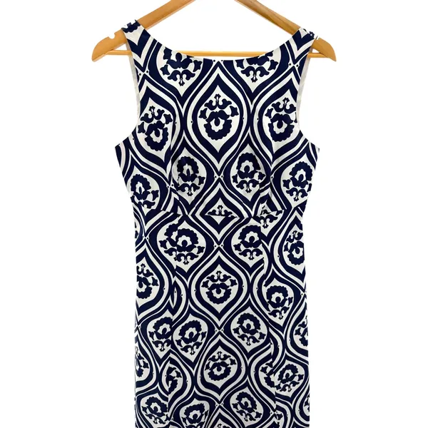 Boden Geo Cascade Slash Neck Midi Dress US 6R Navy White Cotton Geometric A Line - Image 3